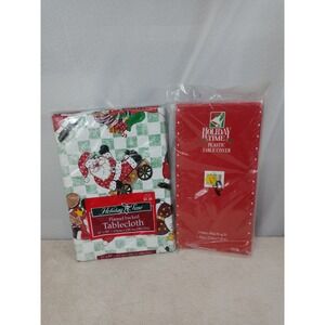 Lot of 2 Christmas Tablecloths Holiday Time Santa 52x90 Flannel Back & Red 54x96